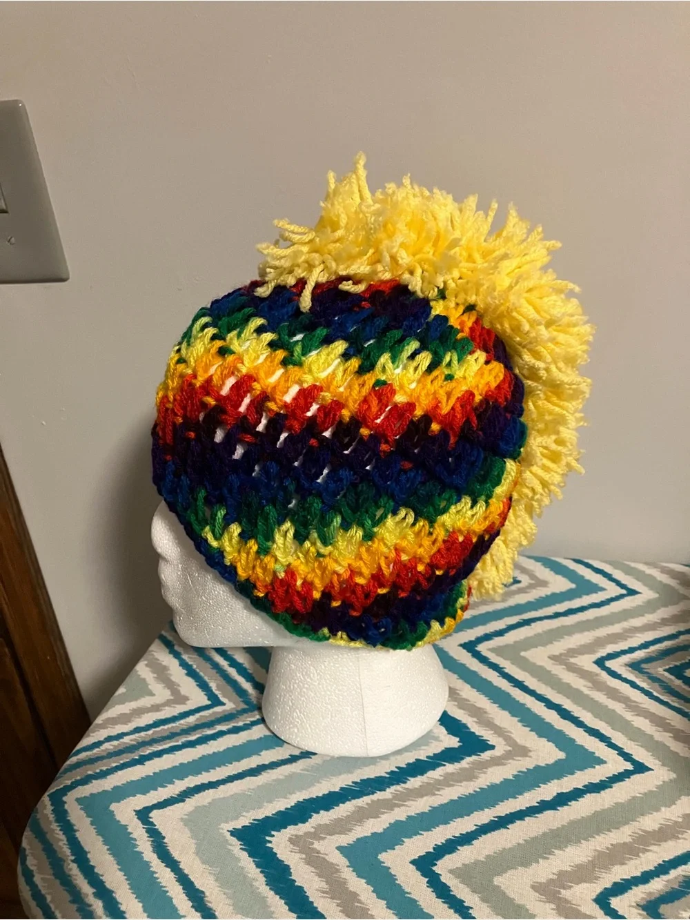 Handmade Kids to Adults Rainbow Pom Pom Beanie Hat - Yellow Accent Mohawk